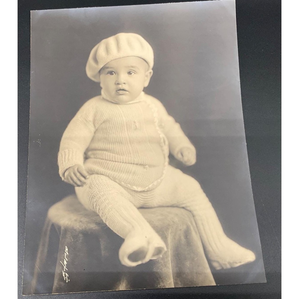 Antique Baby Portrait Photograph Beret Knit Stirrup Outfit 9x7" Signed